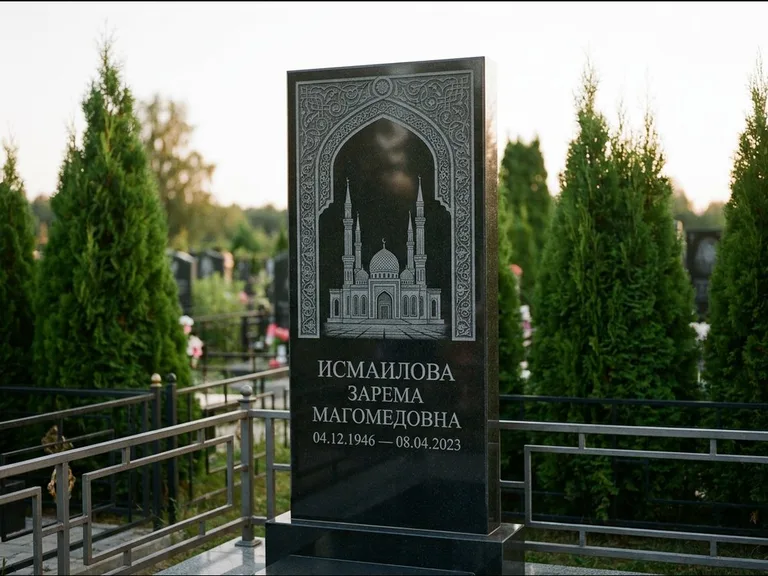 Мусульманский памятник с гравировкой мечети — мечеть в восточной арке с орнаментом, работа «Исмаилова» в Салехарде