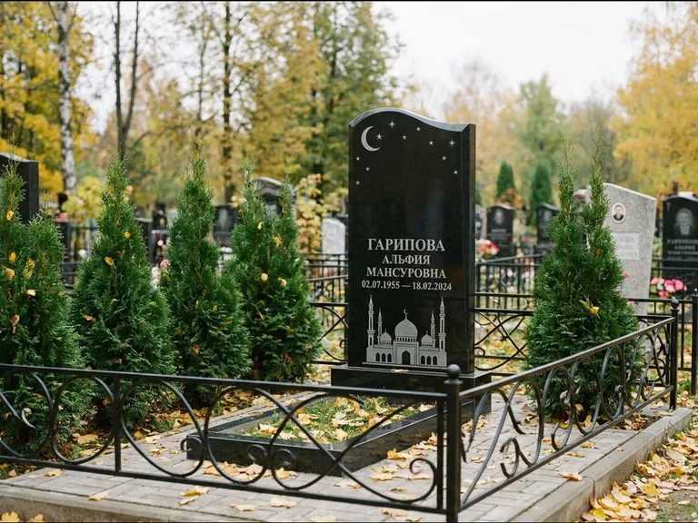 Мусульманский памятник с гравировкой мечети — мечеть с луной в ночном небе, работа «Гарипова» в Салехарде