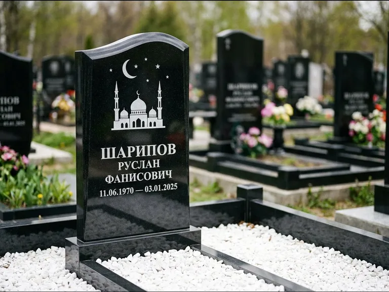 Мусульманский памятник с гравировкой мечети: стела с волнообразным скошенным верхом — гравировка мечети под полумесяцем и звёздами, белая мраморная крошка с бордюром, работа «Шарипов» в Салехарде