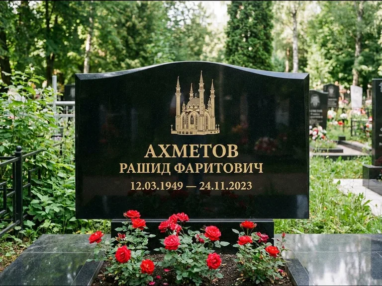 Мусульманский памятник с гравировкой мечети: широкая двойная семейная стела — золочёная гравировка мечети, цветник с красными розами, работа «Ахметов» в Салехарде