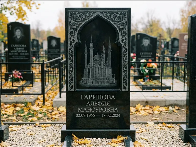 Мусульманский памятник с гравировкой мечети: фигурная стела с михраб-нишей — гравировка мечети в михраб-арке с орнаментом, светлая гравийная отсыпка, работа «Гарипова» в Салехарде