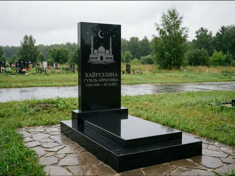 Мусульманский памятник с гравировкой мечети: ступенчатая двухуровневая стела — гравировка мечети под полумесяцем и звёздами, каменная дорожка из плитняка, работа «Хайруллина» в Салехарде