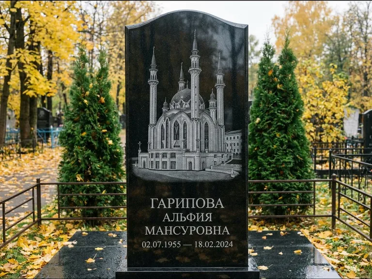 Мусульманский памятник с гравировкой мечети — мечеть Кул-Шариф на обороте стелы, работа «Гарипова» в Салехарде
