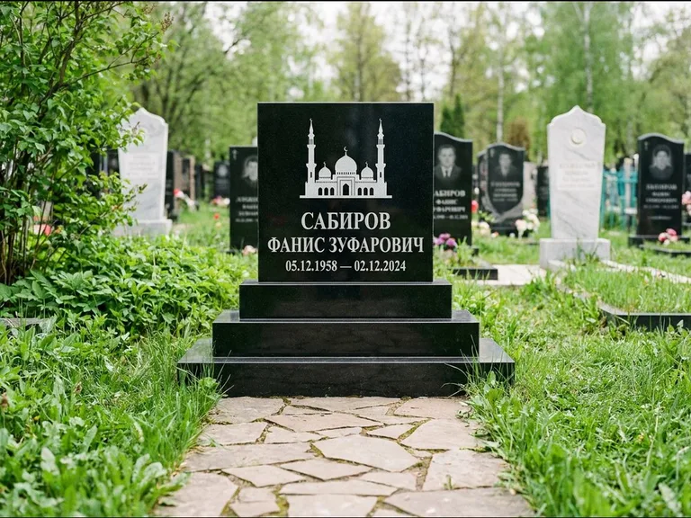 Мусульманский памятник с гравировкой мечети: ступенчатая трёхуровневая стела — золочёная гравировка мечети, дорожка из природного плитняка, работа «Юсупов» в Салехарде