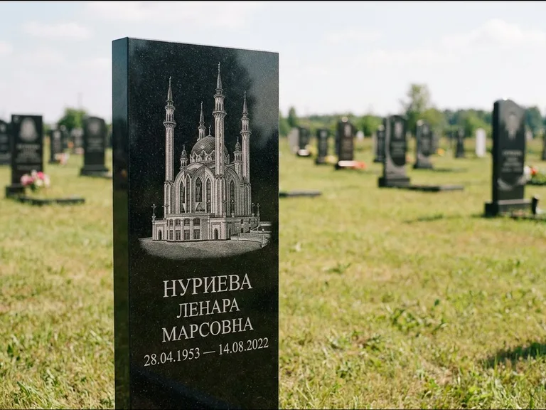 Мусульманский памятник с гравировкой мечети: узкая вертикальная стела-пилон — гравировка мечети в михраб-арке с орнаментом, открытая лужайка без ограды, работа «Хайруллина» в Салехарде