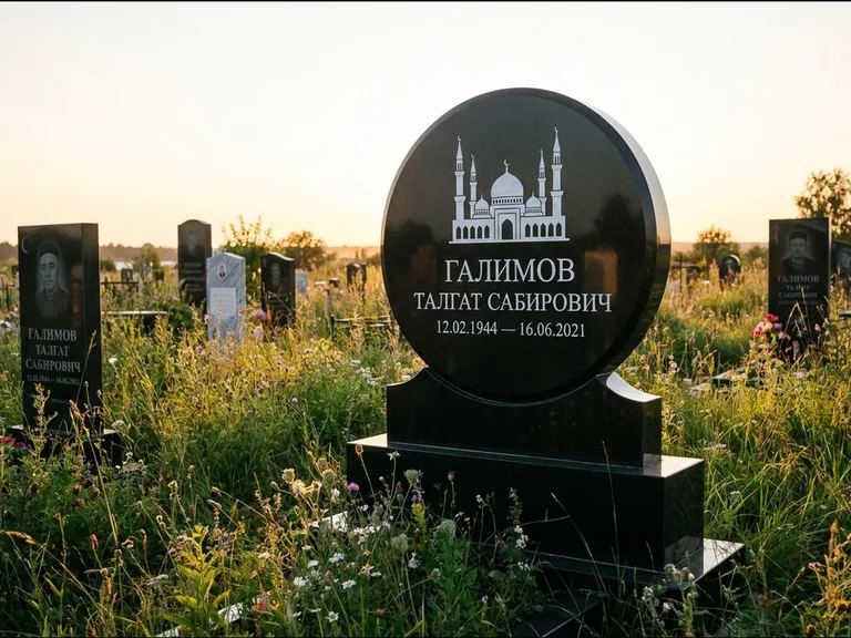 Мусульманский памятник с гравировкой мечети: округлая стела-медальон на тумбе — гравировка мечети в михраб-арке с орнаментом, луговые травы и полевые цветы, работа «Каримов» в Салехарде