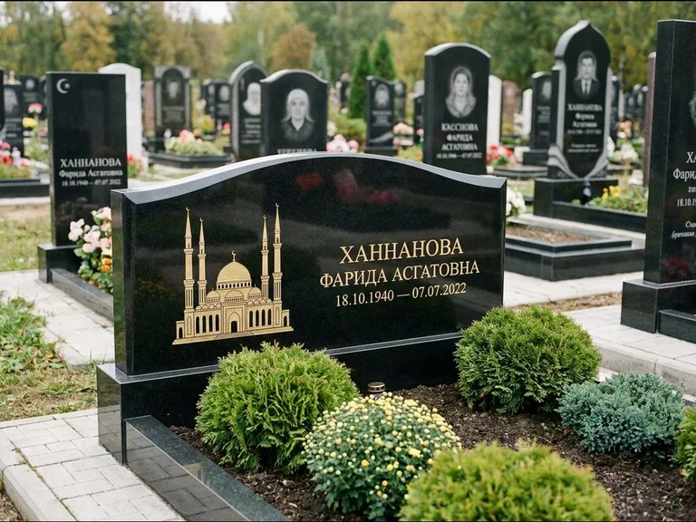Мусульманский памятник с гравировкой мечети: вытянутая горизонтальная семейная стела с аркой — белая гравировка силуэта мечети с минаретами, участок с декоративными кустами, работа «Гарипова» в Салехарде
