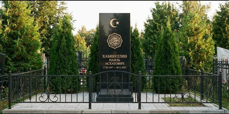 Гравировка на мусульманском памятнике в Салехарде — стела из чёрного гранита, оформление по канонам ислама