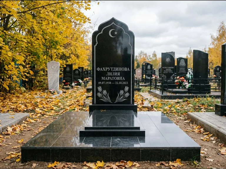 Мусульманский памятник: стела с михраб-навершием в форме арки — гравировка минарета с полумесяцем, гранитный цоколь с тёмной плиткой, работа «Фахрутдинова» в Салехарде