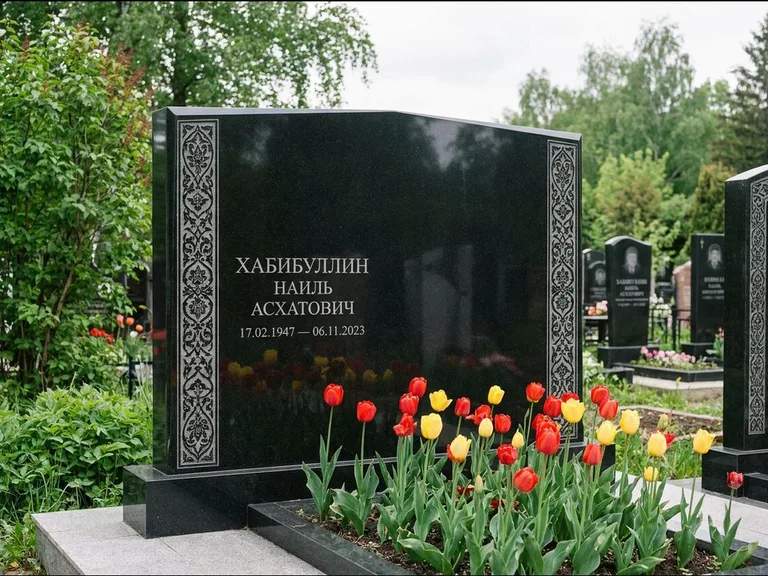 Мусульманский памятник: широкая двойная семейная стела — золочёная гравировка мечети, цветник с тюльпанами, работа «Хабибуллин» в Салехарде