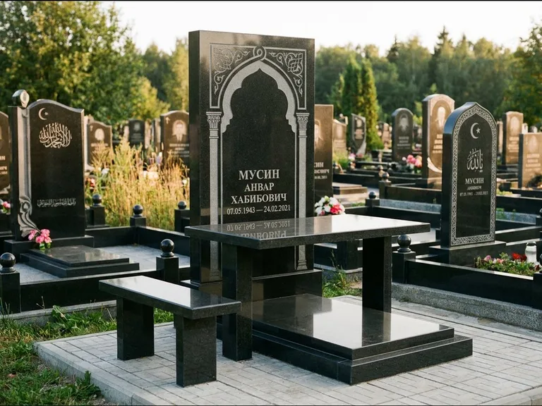 Мусульманский памятник: стела с гранитным столиком и скамьёй — гравировка мечети под полумесяцем и звёздами, семейный участок с плиткой, работа «Гимаев» в Салехарде
