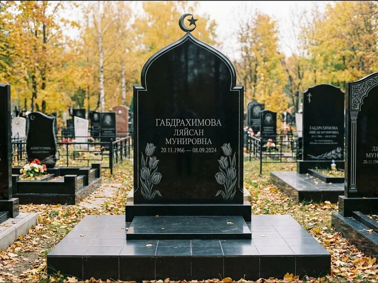 Мусульманский памятник: массивная стела с михраб-навершием — белая гравировка силуэта мечети с минаретами, цоколь тёмной плиткой, работа «Магомедова» в Салехарде