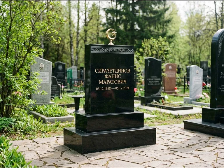 Мусульманский памятник: ступенчатая трёхуровневая стела — золочёная гравировка мечети, дорожка из природного плитняка, работа «Мустафин» в Салехарде