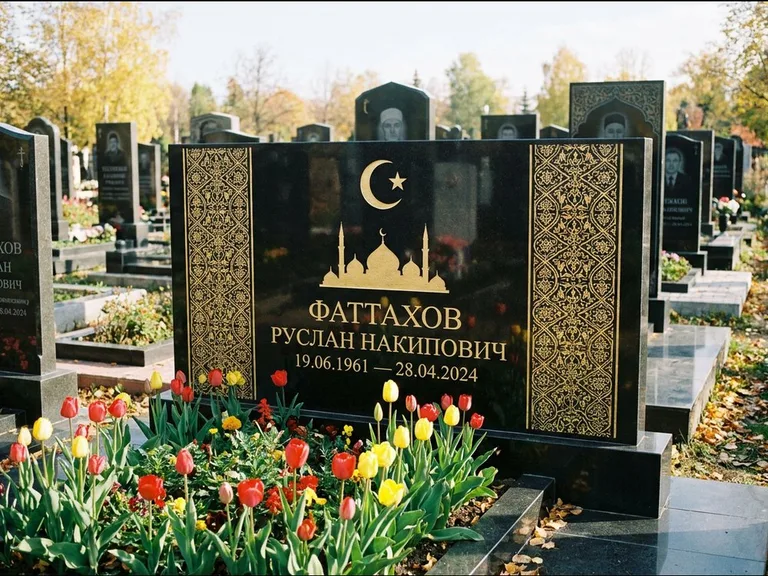 Мусульманский памятник: широкая панорамная стела с золочёным орнаментом — гравировка минарета с полумесяцем, цветник с тюльпанами, работа «Сулейманов» в Салехарде