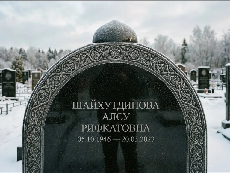 Мусульманский памятник: полукруглая стела с купольным навершием — гравировка мечети под полумесяцем и звёздами, заснеженный зимний участок, работа «Ганиева» в Салехарде