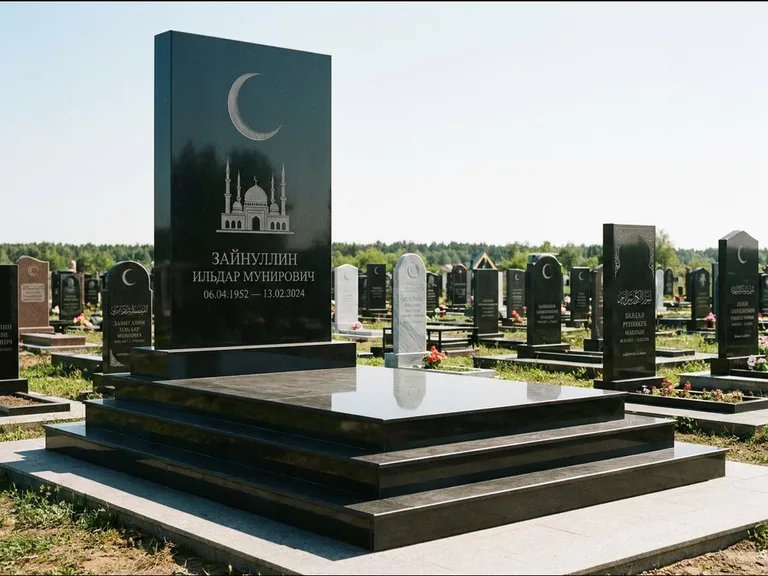 Мусульманский памятник: массивная стела на ступенчатом постаменте — гравировка мечети под полумесяцем и звёздами, гранитная площадка без ограды, работа «Хабибуллин» в Салехарде