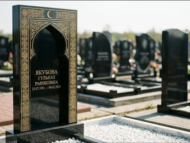 Мусульманский памятник: стела в форме михраба с глубокой нишей и золочёным орнаментом — детализированная гравировка мечети Кул-Шариф, участок с белой мраморной крошкой, работа «Мустафин» в Салехарде