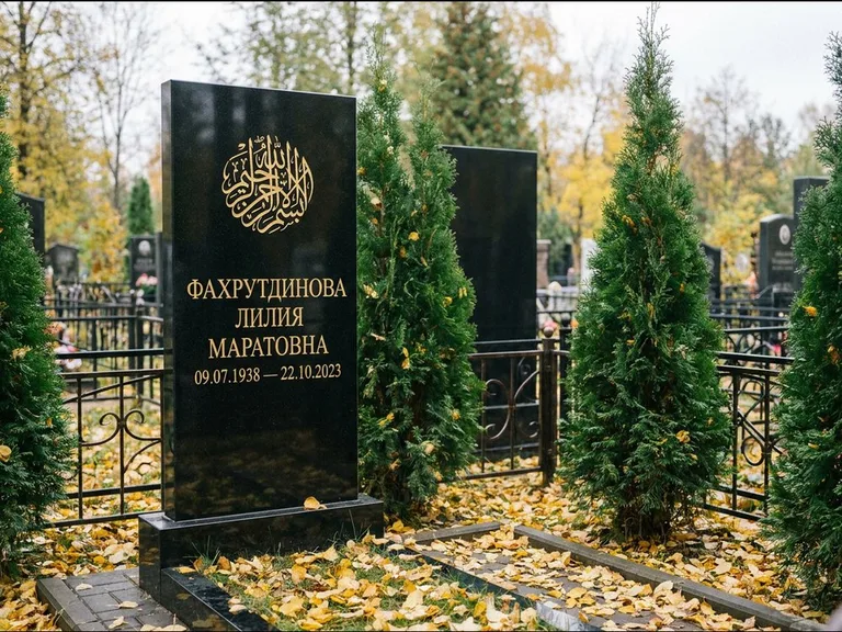 Мусульманский памятник — шахада в верхней части стелы, работа «Фахрутдинова» в Салехарде