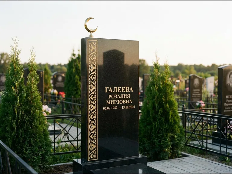 Памятник с гравировкой полумесяца — золочёный полумесяц и колонна растительного орнамента-ислими, работа «Галеева» в Салехарде