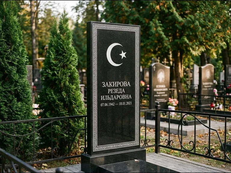 Памятник с гравировкой полумесяца — строгая белая гравировка полумесяца со звездой и орнаменталь, работа «Закирова» в Салехарде