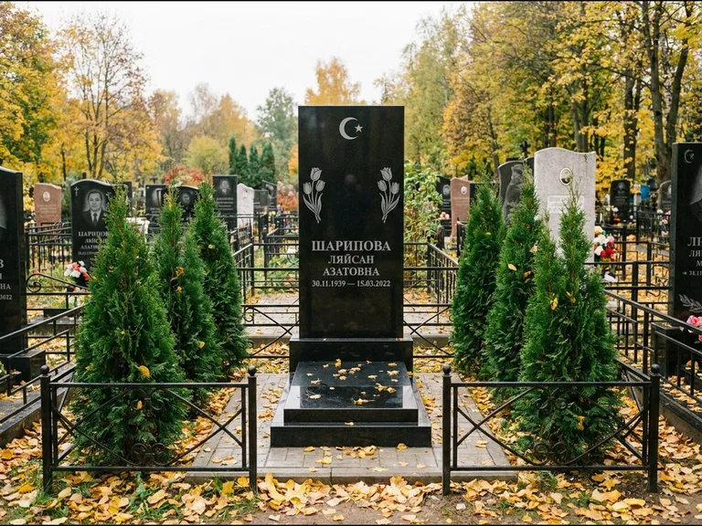 Памятник с гравировкой полумесяца — гравировка полумесяца со звездой и тюльпанами по бокам, работа «Шарипова» в Салехарде