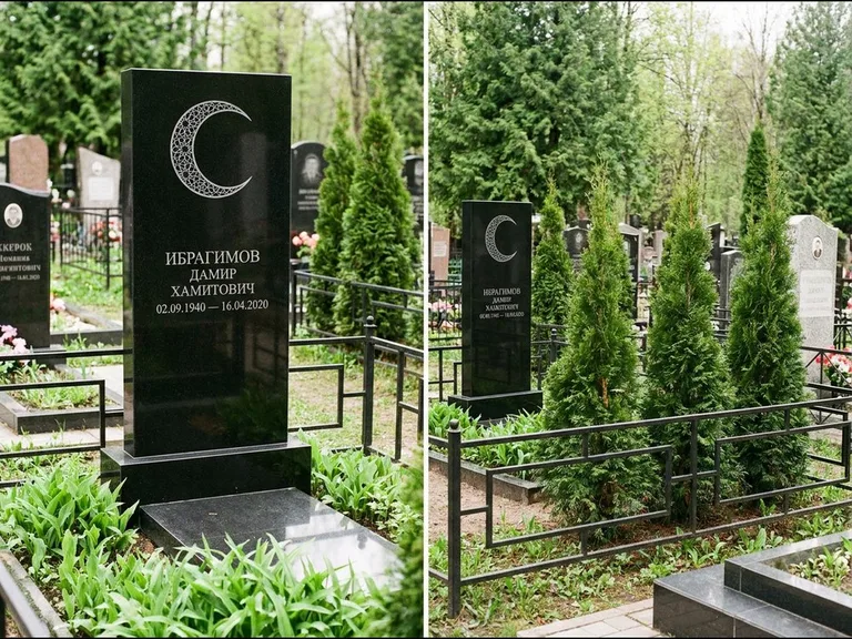 Памятник с гравировкой полумесяца — гравировка полумесяца в геометрическом орнаменте-гирихе, работа «Ибрагимов» в Салехарде