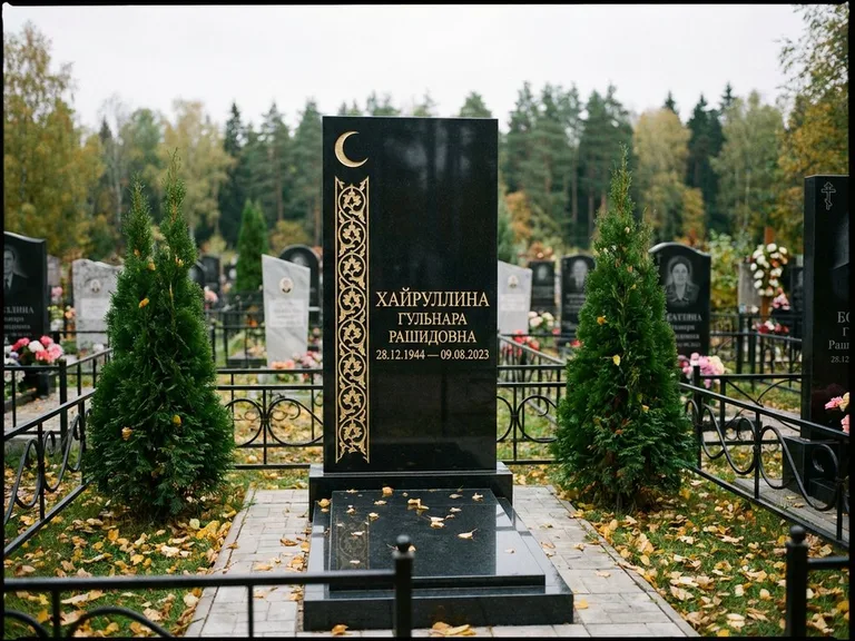 Памятник с гравировкой полумесяца — золочёный полумесяц и колонна растительного орнамента-ислими, работа «Хайруллина» в Салехарде