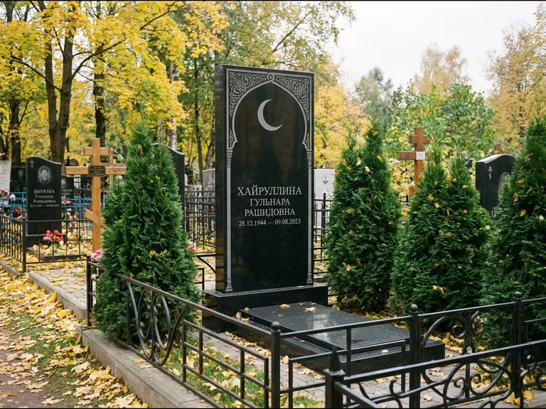 Памятник с гравировкой полумесяца — гравировка полумесяца в восточной арке с орнаментом, работа «Хайруллина» в Салехарде