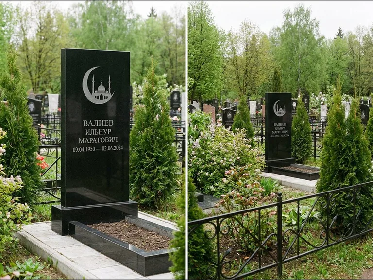 Памятник с гравировкой полумесяца — гравировка полумесяца над силуэтом мечети, работа «Валиев» в Салехарде