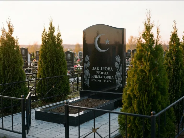 Памятник с гравировкой полумесяца — гравировка полумесяца со звездой и тюльпанами по бокам, работа «Закирова» в Салехарде