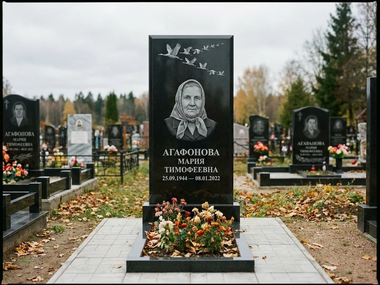 Гравировка журавлей на памятник в Салехарде — памятник из чёрного гранита с гравировкой