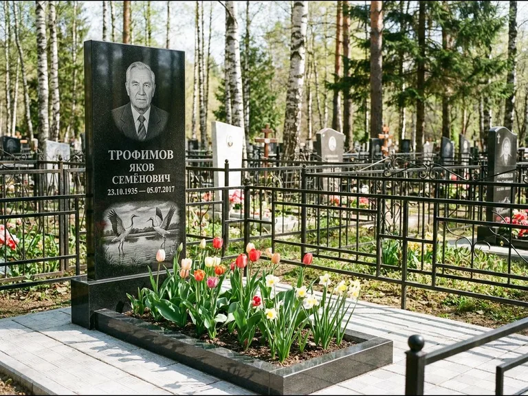 Памятник с гравировкой журавлей — гравировка пары журавлей над гладью озера в нижней части, работа «Трофимов» в Салехарде