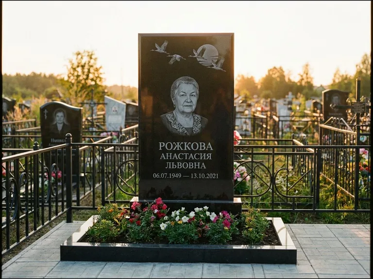 Памятник с гравировкой журавлей — гравировка клина журавлей на фоне солнечного диска, работа «Рожкова» в Салехарде
