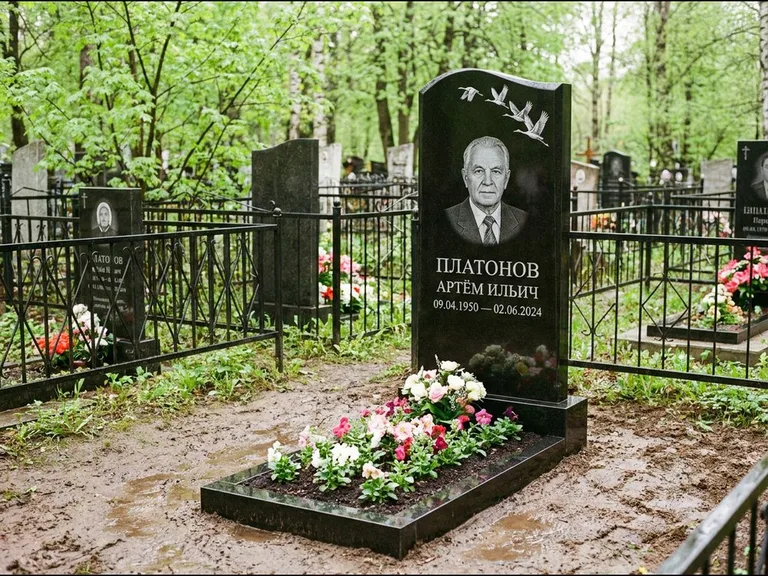 Памятник с гравировкой журавлей — белая гравировка клина журавлей, уходящего в верхний угол ст, работа «Платонов» в Салехарде
