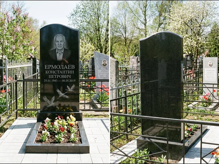 Памятник с гравировкой журавлей — гравировка трёх журавлей по диагонали через свободное поле с, работа «Ермолаев» в Салехарде