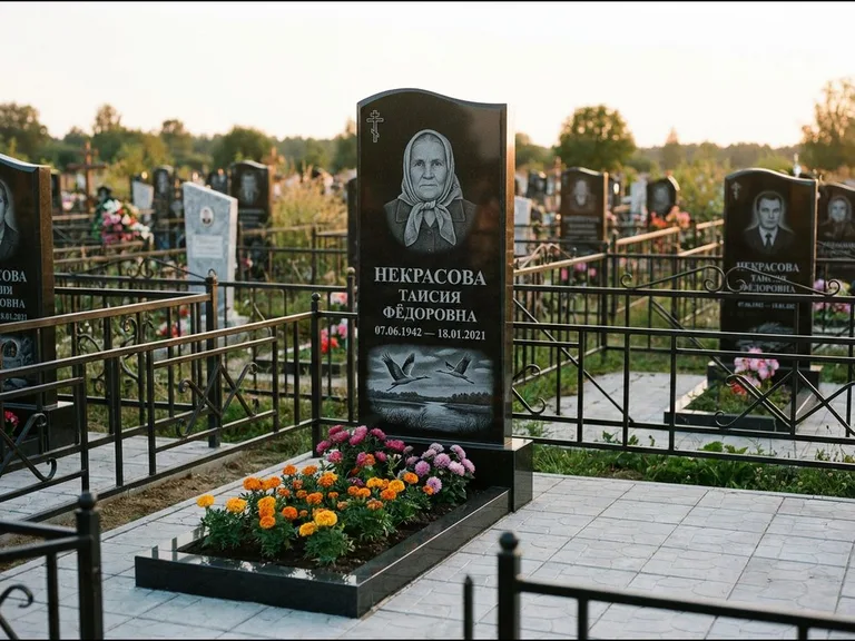 Памятник с гравировкой журавлей — гравировка пары журавлей над гладью озера в нижней части, работа «Некрасова» в Салехарде