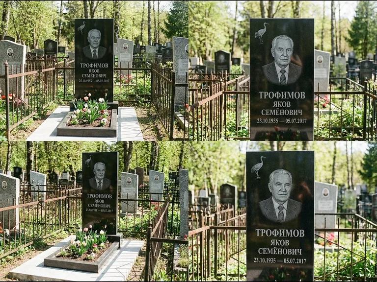 Памятник с гравировкой журавлей — гравировка одиночного летящего журавля над портретом, работа «Трофимов» в Салехарде