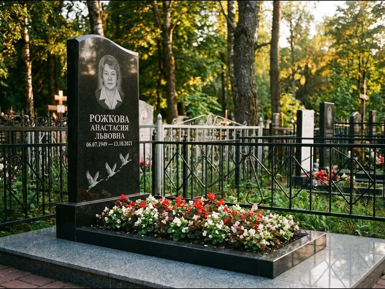 Памятник с гравировкой журавлей — гравировка трёх журавлей по диагонали через свободное поле с, работа «Рожкова» в Салехарде