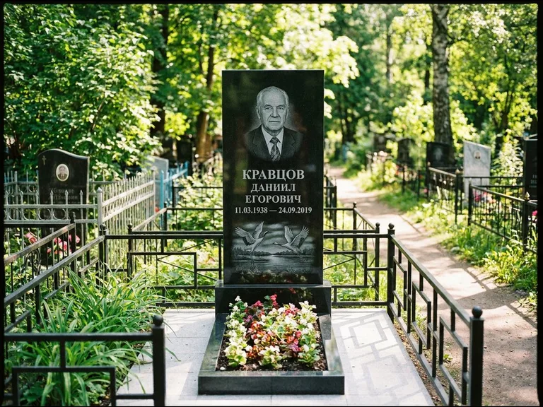 Памятник с гравировкой журавлей — гравировка пары журавлей над гладью озера в нижней части, работа «Кравцов» в Салехарде