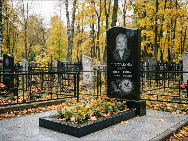 Памятник с гравировкой журавлей — гравировка клина журавлей на фоне солнечного диска, работа «Шестакова» в Салехарде