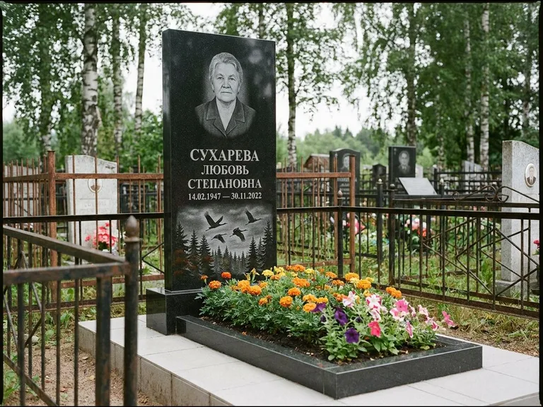 Памятник с гравировкой журавлей — гравировка силуэтов журавлей над еловым лесом, работа «Сухарева» в Салехарде