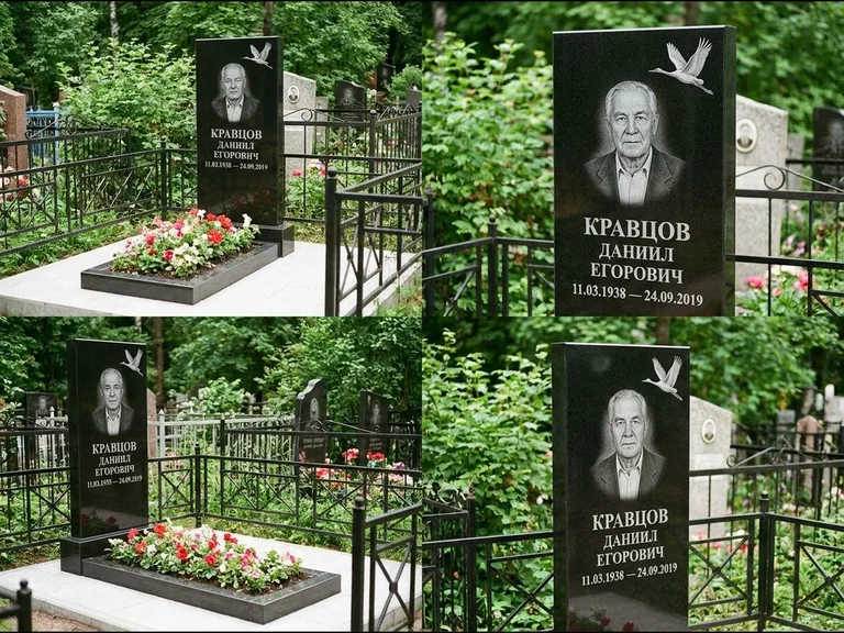 Памятник с гравировкой журавлей — белая гравировка клина журавлей, уходящего в верхний угол ст, работа «Кравцов» в Салехарде