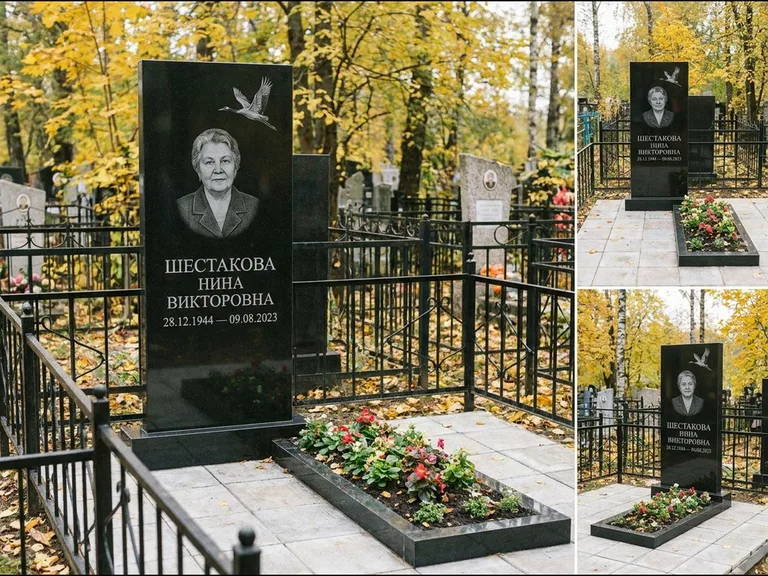 Памятник с гравировкой журавлей — гравировка одиночного летящего журавля над портретом, работа «Шестакова» в Салехарде