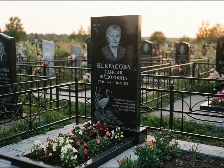 Памятник с гравировкой журавлей — гравировка журавля у камышей рядом с эпитафией, работа «Некрасова» в Салехарде