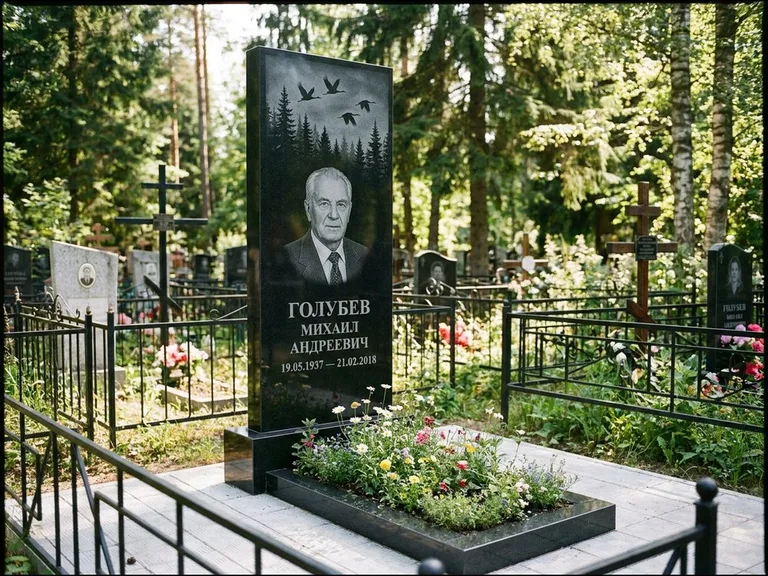 Памятник с гравировкой журавлей — гравировка силуэтов журавлей над еловым лесом, работа «Голубев» в Салехарде