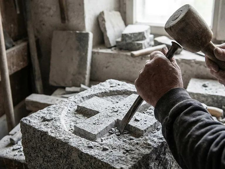 Ручная рубка креста зубилом на памятнике — глубокий рельеф