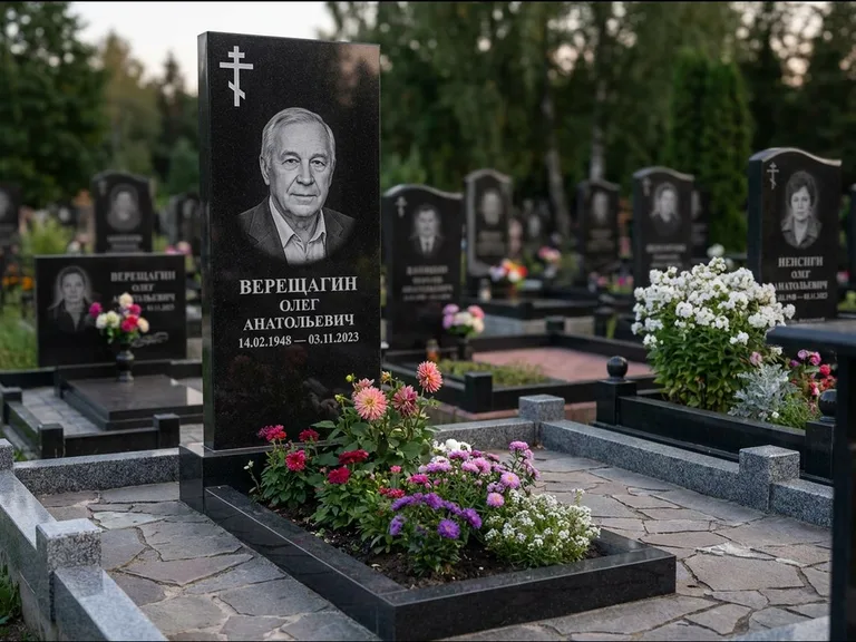 Памятник из чёрного гранита — горизонтальная плита-стела с православным восьмиконечным крестом, работа «Тихонов» в Салехарде