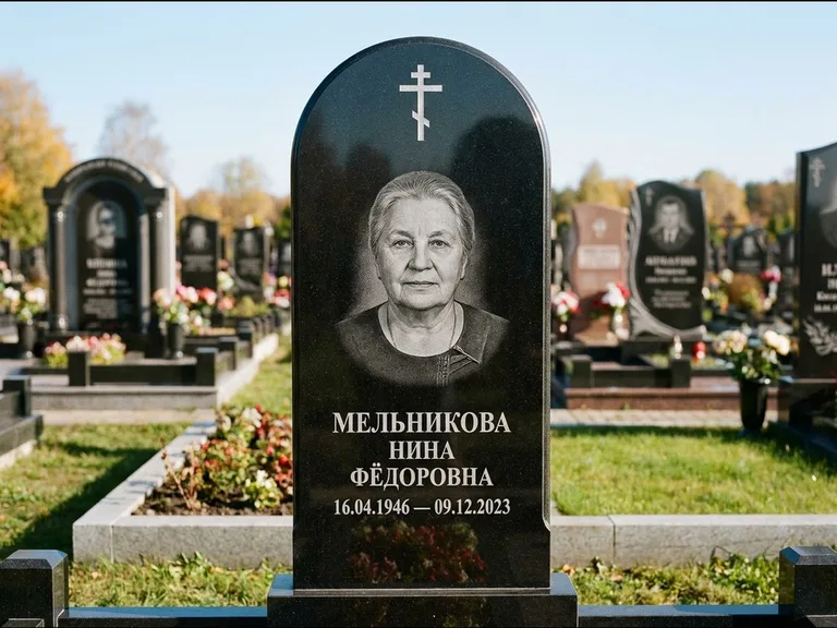 Памятник из чёрного гранита — стела с резным навершием с латинским крестом, работа «Савельева» в Салехарде