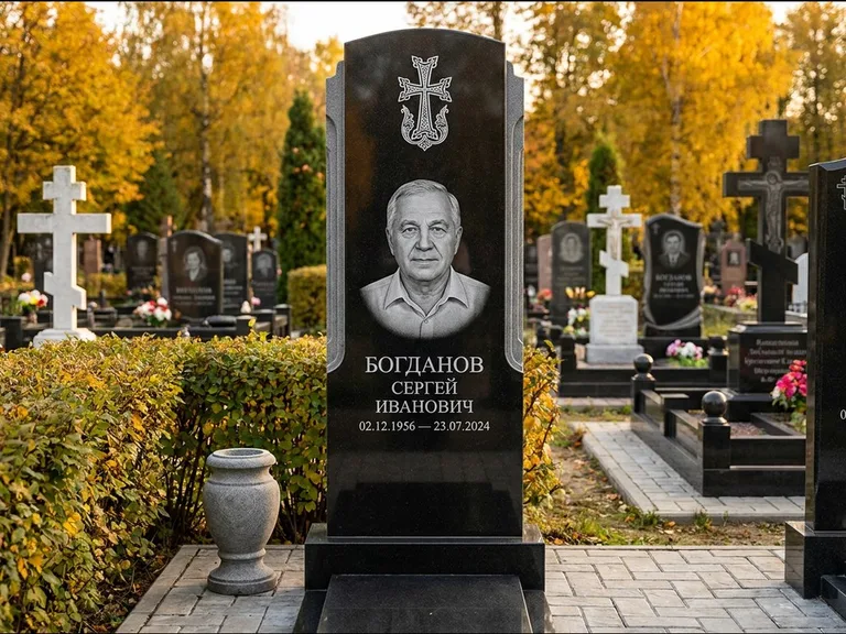 Памятник из чёрного гранита — круглая стела-медальон с армянским хачкаром, работа «Ковалёв» в Салехарде