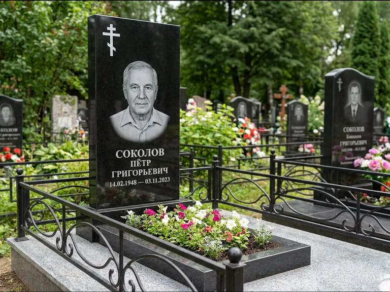 Памятник из чёрного гранита — стела с арочным верхом с православным восьмиконечным крестом, работа «Ковалёв» в Салехарде